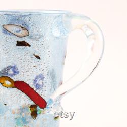 Muma Murano Handmade pitcher in light blue Murano glass, decorated with colored murrine and silver leaf. Carafe jug Made in Italy