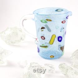 Muma Murano Handmade pitcher in light blue Murano glass, decorated with colored murrine and silver leaf. Carafe jug Made in Italy