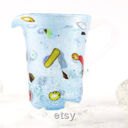 Muma Murano Handmade pitcher in light blue Murano glass, decorated with colored murrine and silver leaf. Carafe jug Made in Italy