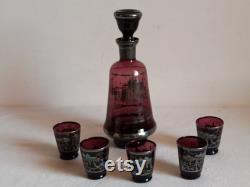 Murano liquor carafe with five shot glasses, decorated with very fine silver decorations