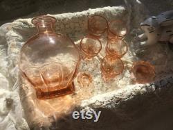 Old Press Glass Carafe Liqueur Bottle Decanter Vintage Country Style Liqueur Set with 6 Glasses