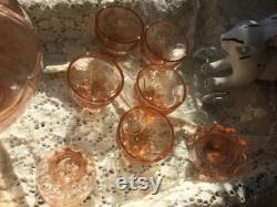 Old Press Glass Carafe Liqueur Bottle Decanter Vintage Country Style Liqueur Set with 6 Glasses