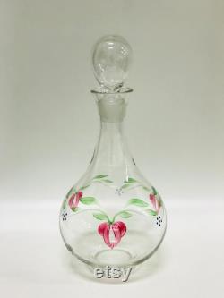 Orrefors glass carafe Maja , Eva Englund, Swedish vintage hand painted crystal glass bottle w. stopper, Floral decor, Scandinavian vintage