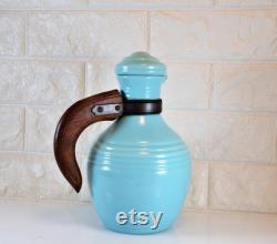 Pacific Pottery Carafe Pitcher with Lid 438 Aqua Turquoise Color Hostessware Colorware Vintage 1930s Walnut Wood Handle California