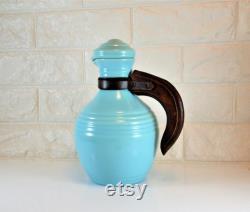 Pacific Pottery Carafe Pitcher with Lid 438 Aqua Turquoise Color Hostessware Colorware Vintage 1930s Walnut Wood Handle California