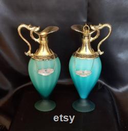 Pair Old amphora Buton Red Hills Vecchia Romagna 1950s Satin glass Turquoise and metal Silver plated Collectible Dragon decorated handle