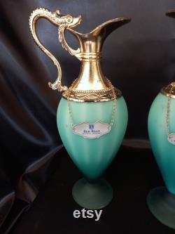 Pair Old amphora Buton Red Hills Vecchia Romagna 1950s Satin glass Turquoise and metal Silver plated Collectible Dragon decorated handle