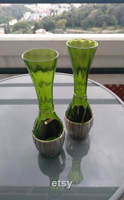 Pair of vintage puffed glass bottles with hand-worked silver basket base