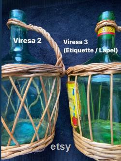 Petite Dame Jeanne VIRESA 2 liters circled wicker vintage 1950s green glass bottle deco Shabby Chic old Cottage rattan