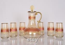 Pink Turkish Water Pitcher Set with Goldwork, Vintage Glass Carafe and Cup, Handmade Goldwork Carafe, Goldwork Carafe and Glasses