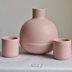 Pink carafe with two cups large mexican contemporary ceramics