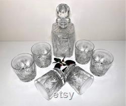 Pinwheel Whisky Decanter Cordial Glasses Carafe Carrée and 6 Tumbler Crystal Glasses Polish Hand Cut Crystal Set High Quality Glassware