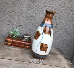 Pottery Carafe Vase with spout Off White, Brown and Blue Hand Made Signed Ceramic Farm House Boho Shabby Chic Eclectic