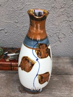 Pottery Carafe Vase with spout Off White, Brown and Blue Hand Made Signed Ceramic Farm House Boho Shabby Chic Eclectic