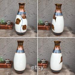 Pottery Carafe Vase with spout Off White, Brown and Blue Hand Made Signed Ceramic Farm House Boho Shabby Chic Eclectic