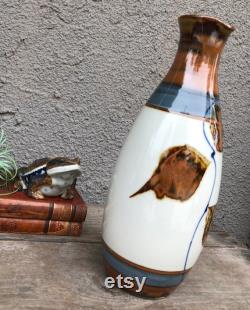 Pottery Carafe Vase with spout Off White, Brown and Blue Hand Made Signed Ceramic Farm House Boho Shabby Chic Eclectic