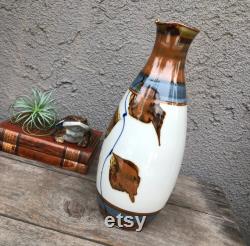 Pottery Carafe Vase with spout Off White, Brown and Blue Hand Made Signed Ceramic Farm House Boho Shabby Chic Eclectic