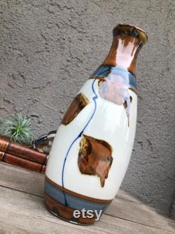 Pottery Carafe Vase with spout Off White, Brown and Blue Hand Made Signed Ceramic Farm House Boho Shabby Chic Eclectic