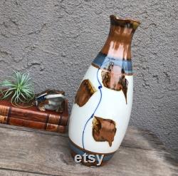 Pottery Carafe Vase with spout Off White, Brown and Blue Hand Made Signed Ceramic Farm House Boho Shabby Chic Eclectic