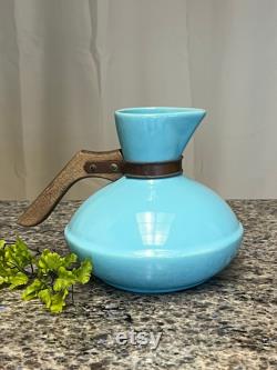RARE 1920-30 s Catalina Pottery Turquoise Coffee Urn with Wood Handle 9 Tall Made in Avalon Catalina Island CA- Catalina pottery urn