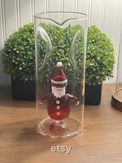 RARE Massimo Lunardon Italian Glass Water Carafe with Blown Glass Santa Claus Inside Pinched Handles 10 tall- holiday table, blown glass