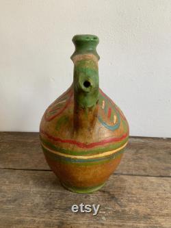 RES Vintage earthenware clay handmade pottery jug bottle water wine oil circa 1960-70's Hungarian, Pot, Flask, Terracotta, Pitcher