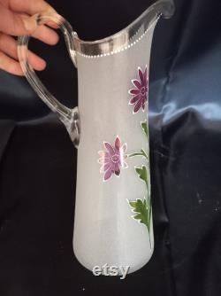Rare 33 cm 13 Large Wine Jug Hand Made and Painted Vintage Decanter Frosted Glass Painted Flowers Vintage Water Jug Collectible Vintage
