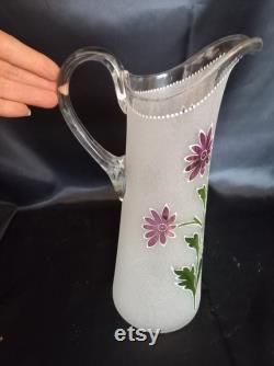Rare 33 cm 13 Large Wine Jug Hand Made and Painted Vintage Decanter Frosted Glass Painted Flowers Vintage Water Jug Collectible Vintage