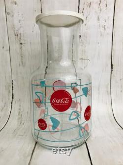 Rare Coca-Cola Coke Licensed Glass Carafe and Lid Bilingual Made in Canada MCM Atomic Amoeba Design Pink Blue Vintage Pitcher Decanter Unusual
