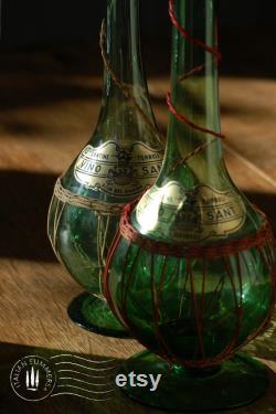 Rare Vintage 1950s Empoli glass high bottles, emerald color glass, Vin Santo bottles from 1956, Italy gift, Italy restaurant