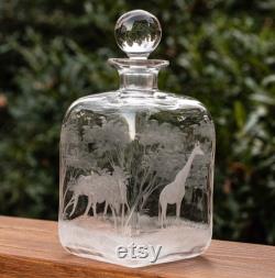 Rare Vintage Queens Lace African Safari Crystal Moser Glass Carafe Decanter Roland Ward Design Elephant Giraffe 1960s Lace Etched Glass