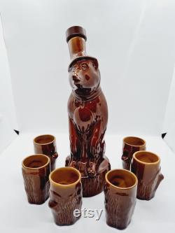 Rare Vintage Soviet Faience Bear Carafe With 6 Shot Glasses Made in USSR in 1970s.