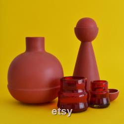 Red Carafe with Two Cups Large Mexican Contemporary Ceramics Glazed original design