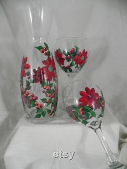 Red Poinsettia's with Red Berries on 2 Large Red Wine Stemware with Matching Carafe Hand Painted