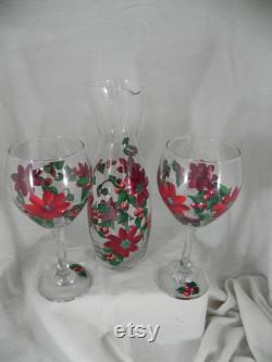Red Poinsettia's with Red Berries on 2 Large Red Wine Stemware with Matching Carafe Hand Painted