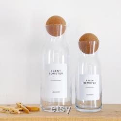 Refillable 700ml Or 1.2L Glass Laundry Bottle With White Personalised Waterproof Label and Cork Ball Lid Laundry Utility Room Organisation