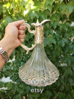 Retro Italian large glass and silverplate carafe. Handmade glass art.