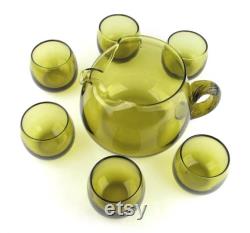 Retro Round 7 Piece Avocado Green Glass Pitcher and Roly Poly Glasses