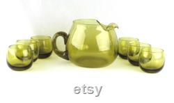 Retro Round 7 Piece Avocado Green Glass Pitcher and Roly Poly Glasses