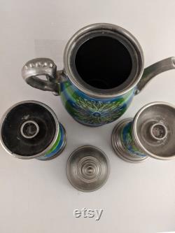 Rosenthal Netter Carafe and Candlesticks Set of 3 Lidded Coffee Pot Mid Century Ceramic Art Pottery Silver Grey Green Blue Flower