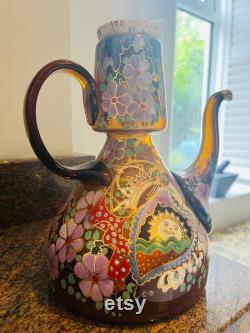 STUNNINGLY Lovely Vintage 'Moser' Hand Painted and Hand Blown Amber Glass Pitcher, Signed Great