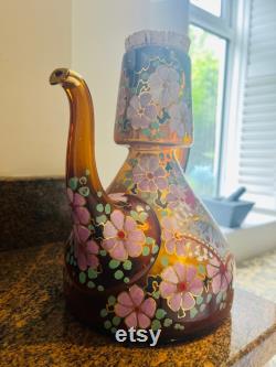 STUNNINGLY Lovely Vintage 'Moser' Hand Painted and Hand Blown Amber Glass Pitcher, Signed Great