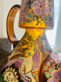 STUNNINGLY Lovely Vintage 'Moser' Hand Painted and Hand Blown Amber Glass Pitcher, Signed Great