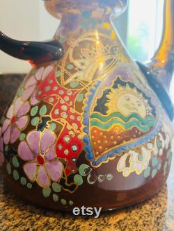 STUNNINGLY Lovely Vintage 'Moser' Hand Painted and Hand Blown Amber Glass Pitcher, Signed Great