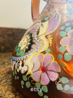 STUNNINGLY Lovely Vintage 'Moser' Hand Painted and Hand Blown Amber Glass Pitcher, Signed Great