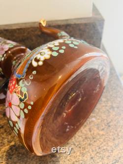 STUNNINGLY Lovely Vintage 'Moser' Hand Painted and Hand Blown Amber Glass Pitcher, Signed Great