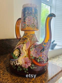 STUNNINGLY Lovely Vintage 'Moser' Hand Painted and Hand Blown Amber Glass Pitcher, Signed Great