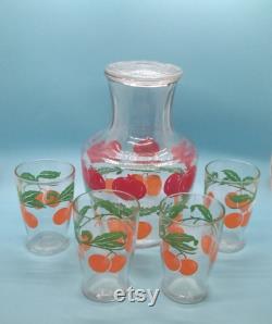 Serving Dishes, Juice Carafe, Juice Glasses, Anchor Hocking, Lidded Juice Carafe, Four Juice Glasses, Tomatoe Orange Pattern, MCM, 1950s Vtg