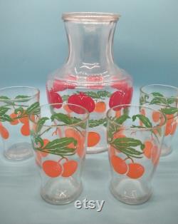 Serving Dishes, Juice Carafe, Juice Glasses, Anchor Hocking, Lidded Juice Carafe, Four Juice Glasses, Tomatoe Orange Pattern, MCM, 1950s Vtg