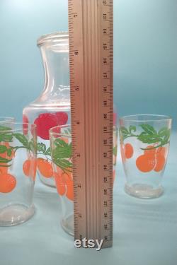 Serving Dishes, Juice Carafe, Juice Glasses, Anchor Hocking, Lidded Juice Carafe, Four Juice Glasses, Tomatoe Orange Pattern, MCM, 1950s Vtg